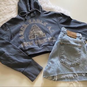 Blue American Eagle Crop Hoodie Sweater